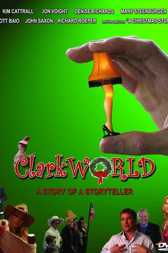 The poster features a vibrant green background with a hand holding a glowing orange light, symbolizing hope and illumination. Below, the title "Clarkworld" is prominently displayed in bold red letters, with the tagline "A Story of a Storyteller" beneath it. Surrounding the title are diverse chara...
