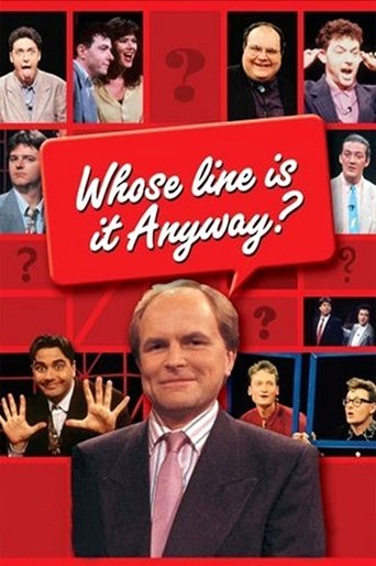The poster features a central image of a man in a suit against a red background, surrounded by smaller portraits of various people. The bold white text "Whose line is it Anyway?" dominates the center. The overall mood is humorous and engaging, with a mix of serious and playful tones.