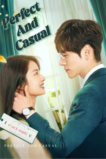 The poster features a romantic couple in a teal suit, with the title "Perfect and Casual" prominently displayed. The warm lighting and intimate gaze convey a sweet, playful mood, suggesting a fun and approachable relationship dynamic.