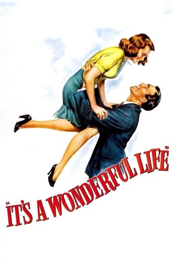 The poster features a man and woman in a dynamic pose against a bright white background, with the title "IT'S A WONDERFUL LIFE" prominently displayed in bold red letters. The vibrant colors and expressive figures convey a sense of joy and wonder, capturing the essence of the film's uplifting narr...