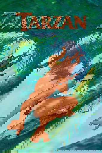 The poster features a muscular, shirtless man with wild brown hair clinging to a tree branch, exuding a wild and untamed vibe. The background is filled with lush green foliage and a serene blue sky, creating a natural, adventurous atmosphere. The title "Tarzan" is prominently displayed at the top...