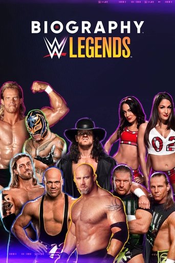 This WWE Legends biography poster features a dynamic collage of iconic wrestlers in vibrant colors against a dark background, capturing the energy and excitement of the wrestling world.