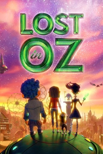 The poster features four children standing on a futuristic, glowing platform against a vibrant sunset sky. The title "LOST in OZ" glows in green, with the word "LOST" partially obscured by a magical orb. The warm, dreamy colors evoke a sense of wonder and adventure, capturing the essence of the s...