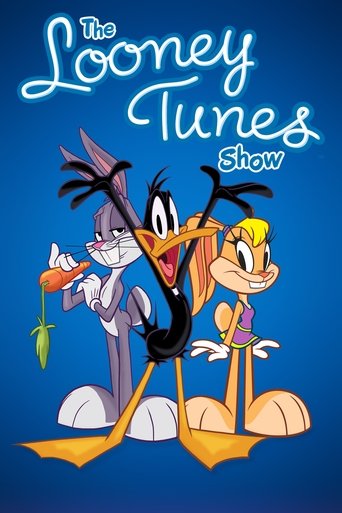 The Looney Tunes Show poster features cartoon characters against a vibrant blue background. Looney Tunes characters are depicted in playful poses, with one character holding a carrot and another wearing a purple hat. The overall mood is cheerful and lighthearted, capturing the essence of classic ...