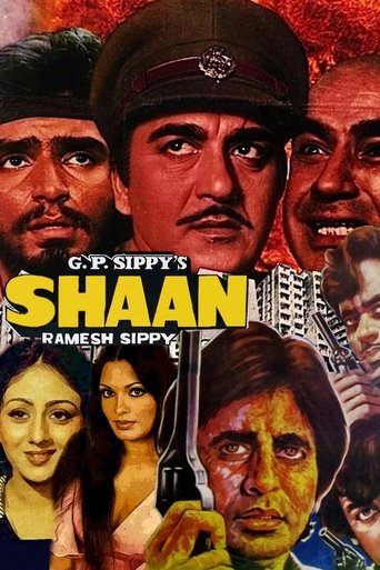 The poster features a dramatic collage of characters, with a central figure wearing a military cap and intense expression. The background is filled with warm, fiery tones, suggesting action and conflict. The title "Shaan" is prominently displayed in bold yellow letters, emphasizing the film's tit...