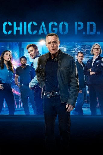 The poster features a central figure in a leather jacket against a dark blue background, surrounded by six other characters in matching blue outfits. The title "CHICAGO P.D." is prominently displayed in bold, glowing letters, evoking a noir atmosphere with cool tones and dramatic lighting.