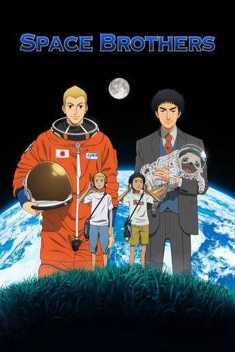 The poster features three astronauts in space against a backdrop of Earth and a moon, with the title "SPACE BROTHERS" in bold blue letters. The astronauts are depicted in vibrant colors: one in an orange suit, another in a gray suit, and a third in a white uniform. The mood is adventurous and hop...