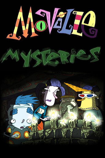The poster features a mysterious, dark scene with glowing lights and eerie figures. The title "Moville Mysteries" is displayed in colorful, stylized letters. The overall mood is suspenseful and intriguing, drawing viewers into a captivating mystery.