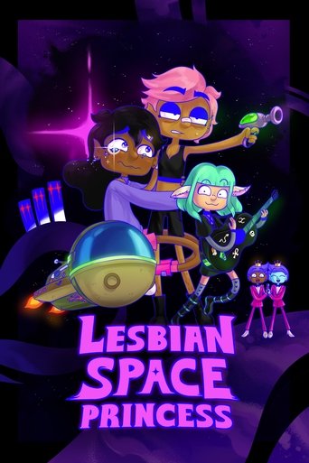 The poster features a vibrant, animated scene with three characters in a cosmic setting. One character with pink hair holds a green gun, while another with green hair and a purple outfit stands beside them. A small spaceship with glowing eyes floats nearby, and a mysterious figure with blue skin ...