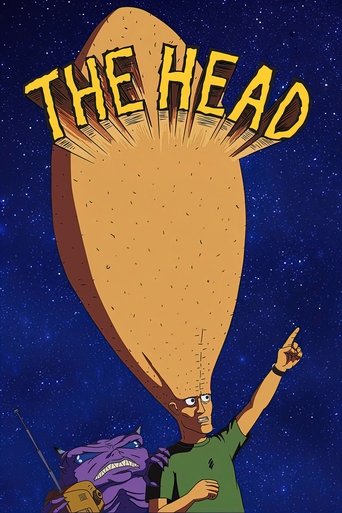 The poster features a character with a giant, textured head against a starry night sky. A purple creature with a radio antenna stands beside the main figure, who points upward with a determined expression. The bold, yellow title "THE HEAD" dominates the top, creating a dramatic and mysterious atm...