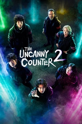 The Uncanny Counter poster features five characters in dark, mysterious clothing against a vibrant, swirling background of neon blues, purples, and greens. The title is prominently displayed in bold white letters, creating a striking contrast. The overall mood is eerie and suspenseful, suggesting...