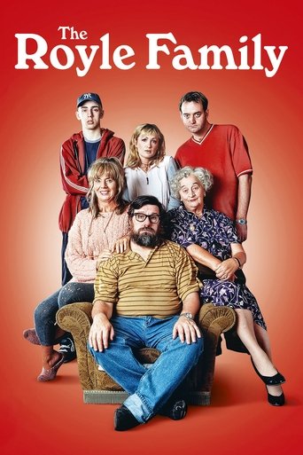 This TV show poster features a warm, family-oriented scene with six characters posed against a vibrant red background. The characters exude a sense of familial warmth and humor, with their expressions ranging from playful to serious. The bold typography of "The Royle Family" at the top sets a nos...