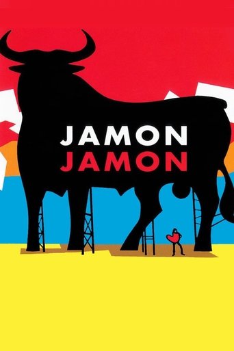 The poster features a silhouette of a cow against a vibrant red background, with the title "JAMON JAMON" prominently displayed in bold, colorful letters. A small figure stands near the cow's hooves, suggesting a whimsical or surreal atmosphere. The bold, playful design evokes a sense of fun and c...