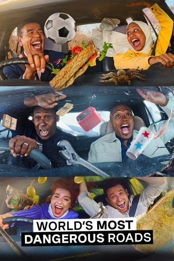 The poster features four joyful individuals laughing and smiling in a vibrant, colorful scene. The mood is lighthearted and fun, with bright colors and dynamic poses. The text at the bottom reads "World's Most Dangerous Roads," emphasizing the theme of extreme travel and adventure.