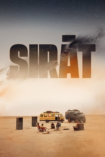 The poster features a vast, golden desert landscape with a lone figure sitting on a bench, evoking a sense of isolation and solitude. The title "Sirāt" is prominently displayed in bold, dark letters against the sky, suggesting a journey or adventure. The muted colors and minimalistic composition ...