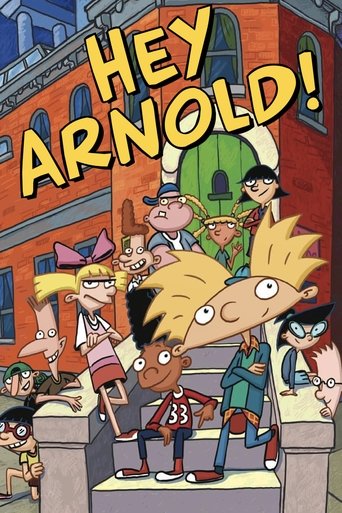 The poster features a lively scene with multiple characters in colorful clothing, including a boy with spiky hair and a girl with blonde hair. The background shows a bustling street with buildings and other characters, creating a dynamic and energetic atmosphere. The bold yellow text "HEY ARNOLD!...