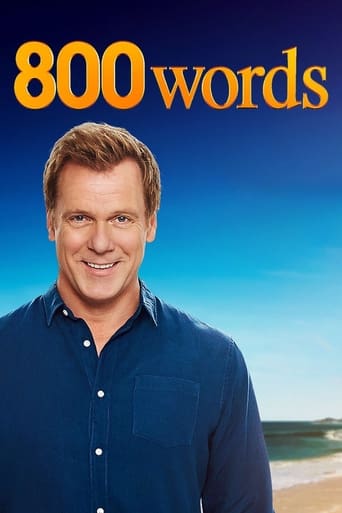 The poster features a cheerful man in a blue shirt against a serene beach backdrop, evoking a relaxed, sunny mood. The bold orange text "800 words" dominates the top, suggesting an engaging, accessible theme.