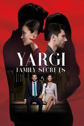 The poster features a dramatic red background with silhouettes of two characters in profile, hinting at mystery and intrigue. Below, two figures sit on a bench, suggesting a story of hidden secrets and personal drama. The bold white text "YARGI FAMILY SECRETS" anchors the composition, emphasizing...