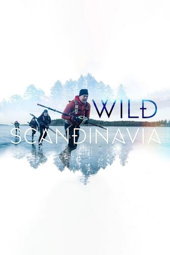 The poster features a serene winter scene with a person in a red jacket standing on a boat, surrounded by snow-covered trees and calm water. The title "WILD Scandinavia" is prominently displayed in bold, blue letters. The overall mood is peaceful and adventurous, capturing the essence of a journe...