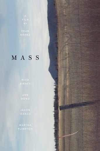The poster features a striking vertical split: a serene, pale blue sky on the left and a textured, earthy landscape on the right. The title "MASS" is prominently displayed in bold, uppercase letters, evoking a sense of overwhelming force and emotional intensity. The minimalist design and muted co...