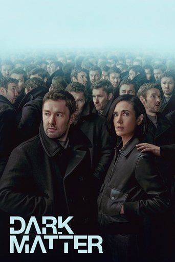 The poster features a group of men in dark coats against a misty, overcast sky, evoking a somber and mysterious atmosphere. The title "Dark Matter" is prominently displayed in bold white letters at the bottom, emphasizing the show's dark and intense theme.