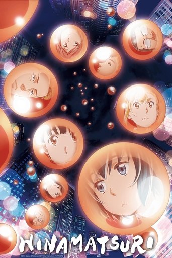 This vibrant anime poster features a cityscape backdrop with glowing orbs and floating characters, creating a dreamy atmosphere. The warm orange and blue hues contrast with the dark sky, evoking a sense of wonder and nostalgia. The title "Hinamatsuri" is prominently displayed at the bottom, invit...