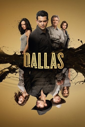 The poster features a central man in a black shirt surrounded by five other characters, all with dramatic poses against a golden background. The bold "DALLAS" text in gold letters anchors the composition, while splashes of black paint add an artistic touch. The overall mood is intense and cinemat...
