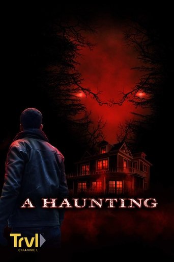 The poster features a shadowy figure in a dark jacket, facing a haunted house under a red sky. The eerie atmosphere is enhanced by the glowing eyes in the sky and the ominous title.