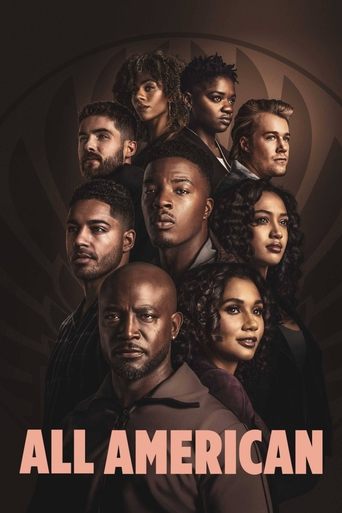 This poster features a group of diverse characters in a dimly lit, moody atmosphere, suggesting drama and intrigue. The warm, sepia-toned background enhances the emotional depth, while the bold text "ALL AMERICAN" at the bottom hints at themes of identity and belonging.