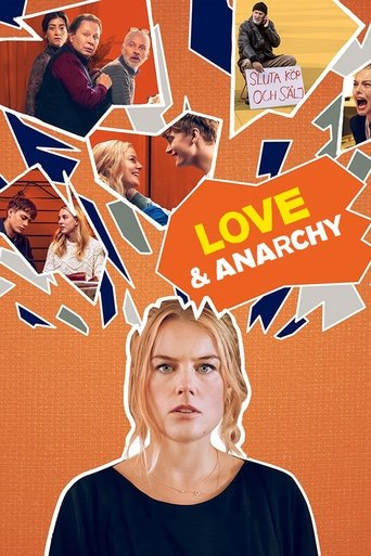 This vibrant poster for "Love & Anarchy" features a striking orange background with jagged, colorful shapes framing a central portrait of a woman with a serious expression. The collage of smaller images at the top hints at diverse characters and themes, while the bold text and energetic design co...
