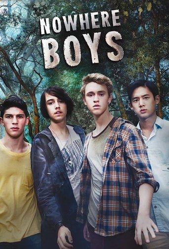 The poster features four young men in casual, urban clothing against a backdrop of lush green trees. Their expressions range from serious to contemplative, suggesting a blend of mystery and intrigue. The muted, earthy tones of the image evoke a sense of nostalgia and urban exploration, hinting at...