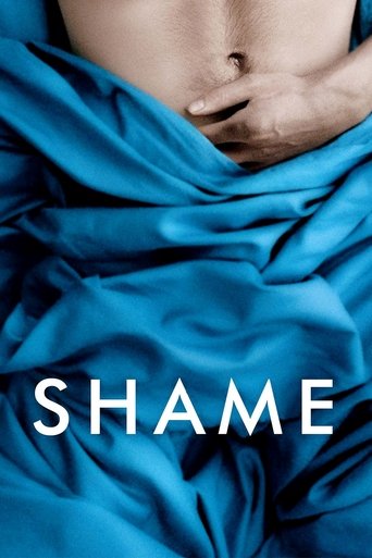 The poster features a close-up of a person's torso, partially covered by a vibrant blue fabric that drapes elegantly. The word "SHAME" is prominently displayed in bold, white capital letters, evoking a sense of vulnerability and introspection. The overall mood is somber yet visually striking, sug...