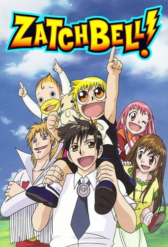 This vibrant anime poster features the iconic Zatch Bell! characters in a dynamic pose against a bright blue sky. The energetic mood is conveyed through the characters' confident expressions and colorful outfits. The title "Zatch Bell!" stands out in bold, playful lettering, emphasizing the show'...