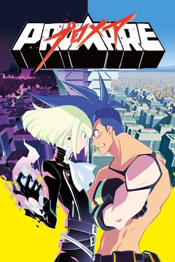 This vibrant movie poster for "Promare" features two animated characters in dynamic poses against a colorful cityscape backdrop. The bold red and white title, along with the energetic composition, conveys excitement and action.