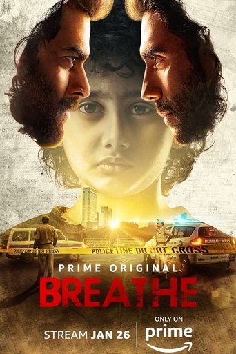 The poster features two men with intense expressions, their faces partially overlapping to create a sense of connection. Warm golden hues and sunset tones evoke a dramatic and hopeful atmosphere. The title "Breathe" is prominently displayed in bold red letters, emphasizing the show's theme of lif...