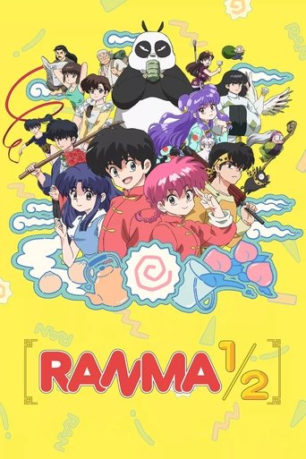 This vibrant anime poster features a lively scene with Ranma and her friends in colorful outfits against a cheerful yellow background. The playful characters exude a fun, energetic mood, capturing the essence of the show's upbeat and adventurous spirit.