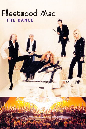 The poster features Fleetwood Mac members in elegant black suits against a white backdrop, exuding sophistication. Below, a vibrant concert scene with golden stage lights and an enthusiastic crowd captures the energy of a live performance. The overall mood is one of timeless elegance and musical ...