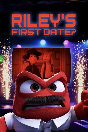 The poster features a red, furry character with a mustache and intense expression, surrounded by colorful sparkles. Above him, the title "Riley's First Date?" glows in orange letters. The background shows a dimly lit room with two figures, one in a hat and another in a suit, suggesting a romantic...
