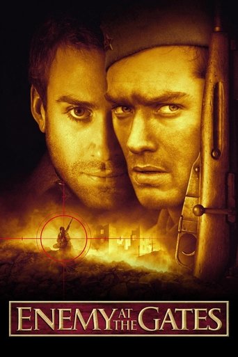 The poster features two men in dramatic close-ups, one with a rifle, set against a fiery, dramatic background. The warm, golden hues evoke a sense of tension and danger, while the title "Enemy at the Gates" hints at a high-stakes action movie.