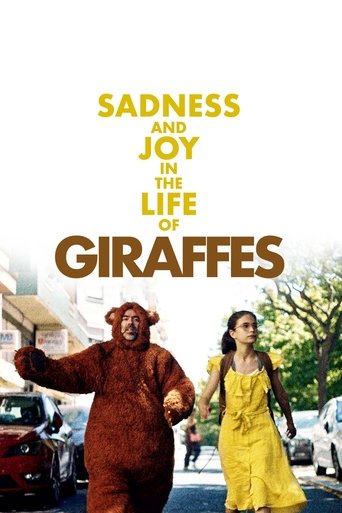 The poster features a man in a brown giraffe costume and a woman in a yellow dress walking down a city street. The title "Sadness and Joy in the Life of Giraffes" is prominently displayed in bold, contrasting colors. The overall mood is whimsical and humorous, capturing the essence of the film's ...