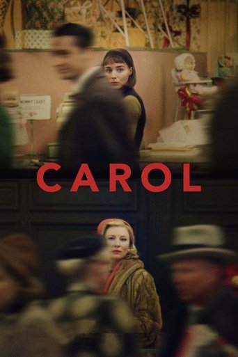 The poster features a woman in period clothing, surrounded by blurred figures in a dimly lit, vintage setting. The warm, sepia-toned colors evoke nostalgia and mystery, while the bold red text "CAROL" anchors the composition.