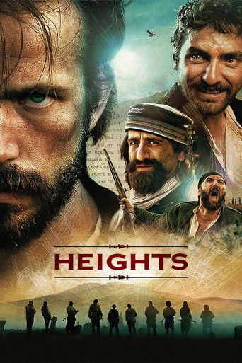 The poster features rugged, intense characters in warm, earthy tones against a dramatic sky. Silhouettes of figures stand at the bottom, evoking a sense of adventure and camaraderie. The title "Heights" is prominently displayed, suggesting themes of ambition and achievement.