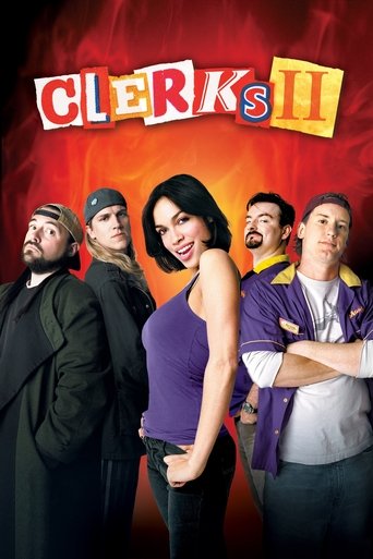 The poster features six characters in a fiery red background, with a woman in a purple tank top standing confidently in the center. The title "Clerks II" is prominently displayed at the top in bold, colorful letters. The overall mood is energetic and playful, capturing the essence of the comedy g...