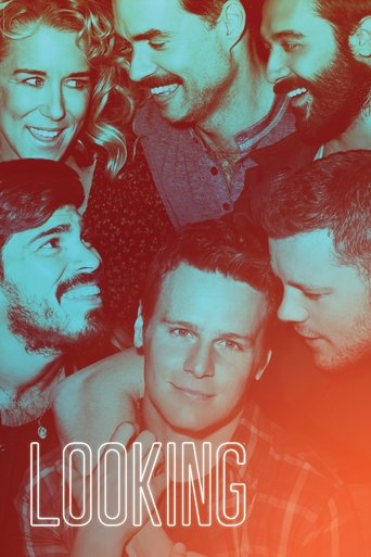The poster features a group of men in a close, intimate embrace, with warm red and orange hues dominating the image. The mood is casual and friendly, capturing the essence of a comedy group. The word "LOOKING" is prominently displayed in bold, white letters at the bottom, emphasizing the show's t...