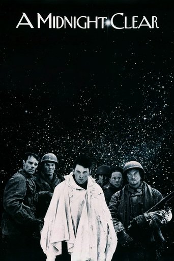 The poster features a group of men in winter gear against a dark, starry backdrop. The central figure wears a white coat, while others are dressed in dark clothing. The mood is mysterious and atmospheric, with the title "A Midnight Clear" prominently displayed at the top.