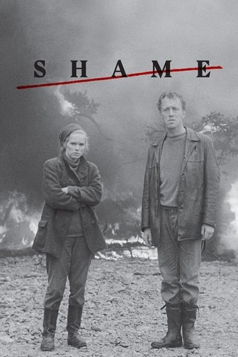 This black-and-white poster features two men standing in a desolate, war-torn landscape. The title "SHAME" is boldly displayed across the top, with a red line cutting through it. The mood is somber and reflective, evoking themes of conflict and personal struggle.