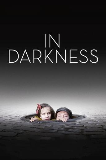 The poster features two children peeking out from a dark, cobblestone hole, their faces partially obscured by shadows. The title "IN DARKNESS" is prominently displayed in stark white letters against a black background, creating a mysterious and eerie atmosphere. The overall composition evokes sus...