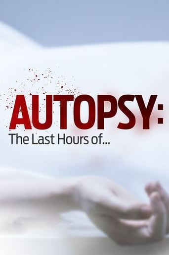 The poster features a close-up of a person's hand, with the word "AUTOPSY" in bold red letters. The background is a soft, blurred white, creating a somber and mysterious atmosphere. The overall mood is one of clinical detachment and foreboding.