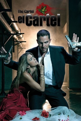 The Cartel poster features a dramatic scene with a man in a black suit and a woman in a red dress, both holding rose petals. The man's hand is raised as if casting shadows, while the woman leans forward, her expression intense. The warm lighting and dark tones create a mysterious and suspenseful ...