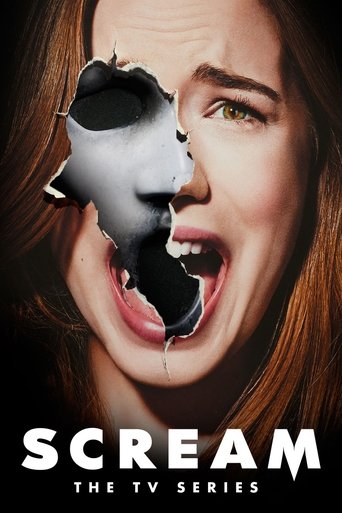 The poster features a woman with a distressed expression, her face split by a jagged tear revealing a black void. The colors are dark and intense, conveying fear and horror. The title "SCREAM" is prominently displayed in bold white letters, emphasizing the show's title.